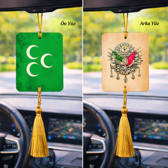 Three-Crescent Ottoman Banner (Flag of the Three Continents) ve Name Can Be Added, Ottoman Coat of Arms Printed Car Mirror Ornament (with Tassel)