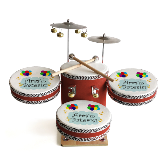 Kişiye Özel İsimli, Balonlu Printed Leather Kids' Drum Set - Red
