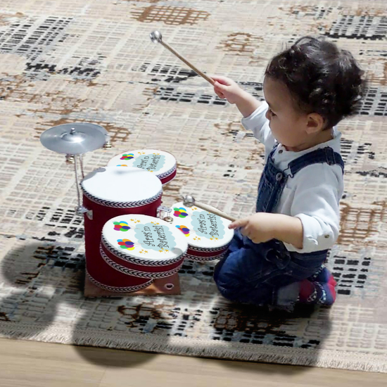 Kişiye Özel İsimli, Balonlu Printed Leather Kids' Drum Set - Red