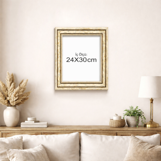 Boş 24x30 cm Camlı Fotoğraf ve Belge Çerçevesi – Eskitme Krem Yaldızlı