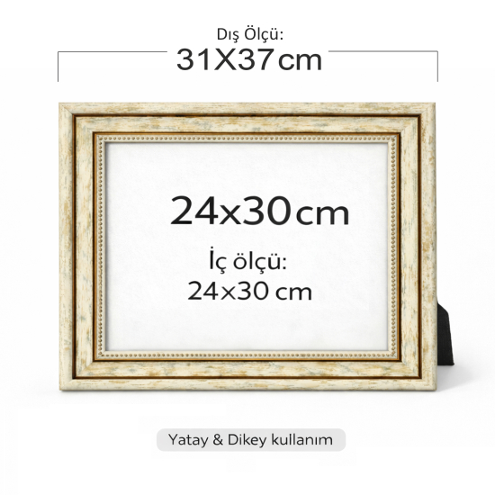 Boş 24x30 cm Camlı Fotoğraf ve Belge Çerçevesi – Eskitme Krem Yaldızlı