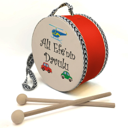 Kişiye Özel İsimli, Araba Helikopter Printed Leather Kids' Drum - Red