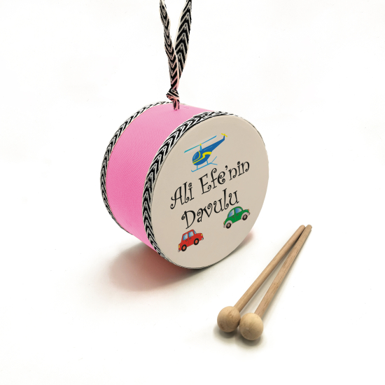 Kişiye Özel İsimli, Araba Helikopter  Printed Leather Kids' Drum - Pink