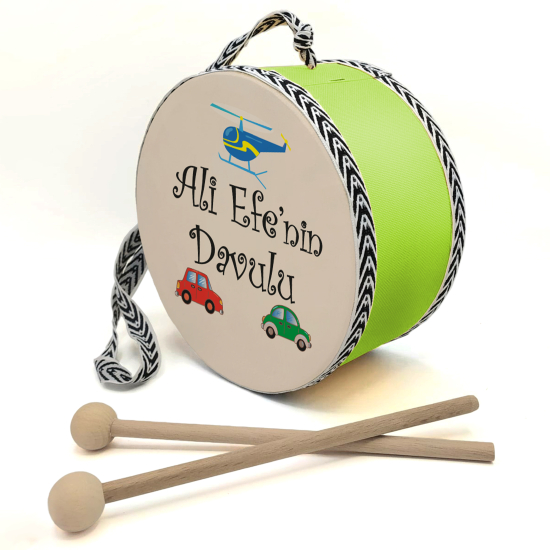 Kişiye Özel İsimli, Araba Helikopter  Printed Leather Kids' Drum - Green