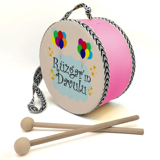 Kişiye Özel İsimli, Balonlu  Printed Leather Kids' Drum - Pink