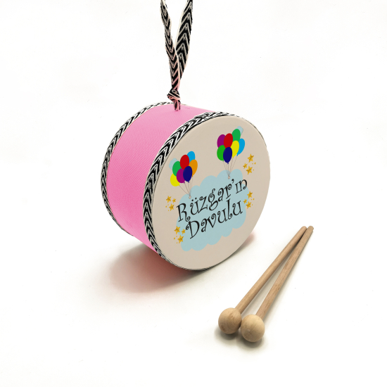 Kişiye Özel İsimli, Balonlu  Printed Leather Kids' Drum - Pink