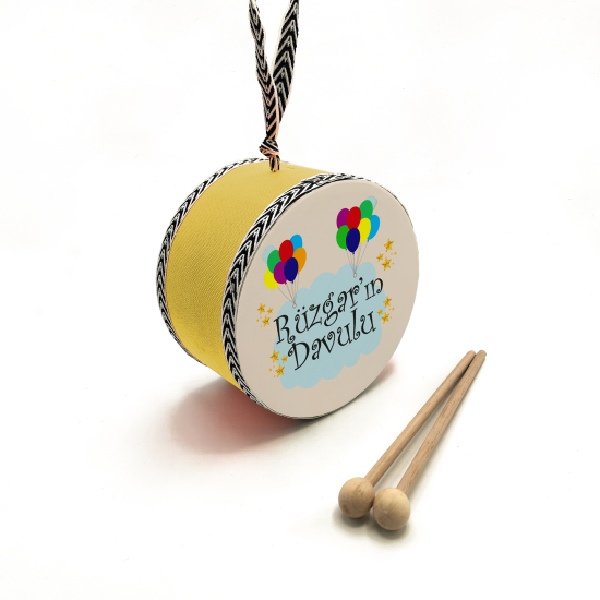 Kişiye Özel İsimli, Balonlu  Printed Leather Kids' Drum - Yellow
