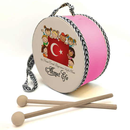 Kişiye Özel İsimli, 23 Nisan Bayrak ve Çocuklar Printed Leather Kids' Drum - Pink
