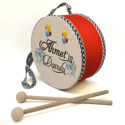 Kişiye Özel İsimli, Balonlu Baskılı Deri Çocuk Davulu - Kırmızı