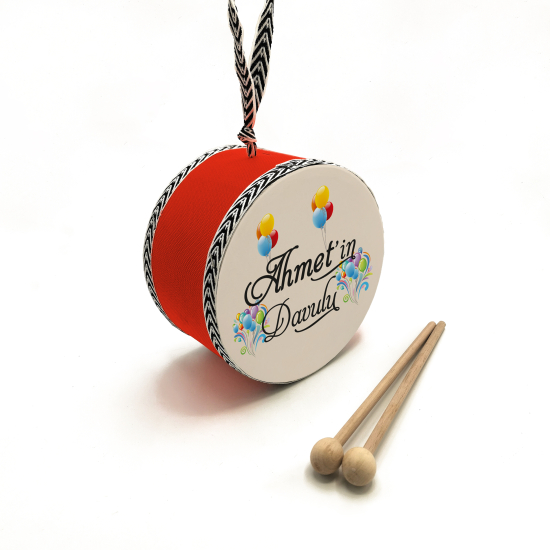 Kişiye Özel İsimli, Balonlu  Printed Leather Kids' Drum - Red
