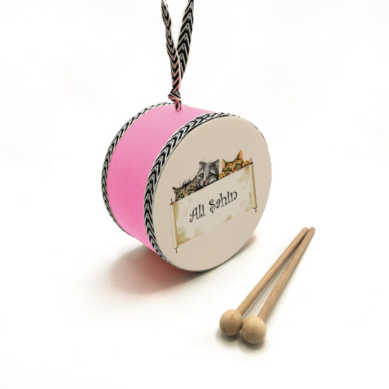 Kişiye Özel İsimli, Sevimli Kedicikler Printed Leather Kids' Drum - Pink