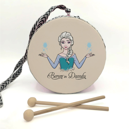 Kişiye Özel İsimli, Kraliçe Elsa  Baskılı Deri Çocuk Davulu - Pembe