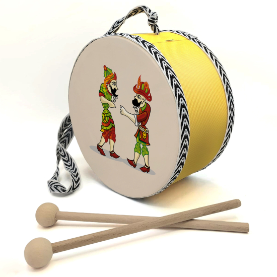 Karagöz ve Hacivat Baskılı Deri Çocuk Davulu - Sarı