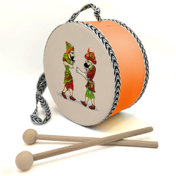 Karagöz ve Hacivat Baskılı Deri Çocuk Davulu - Turuncu
