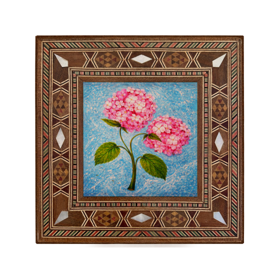 Ortanca Çieçek Ebrusu Printed Mother-of-Pearl Effect Wooden Magnet