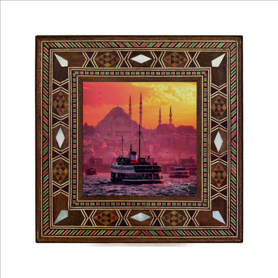 Süleymaniye Camii ve Vapur Fotoğrafı Baskılı Sedef Görünümlü Ahşap Magnet
