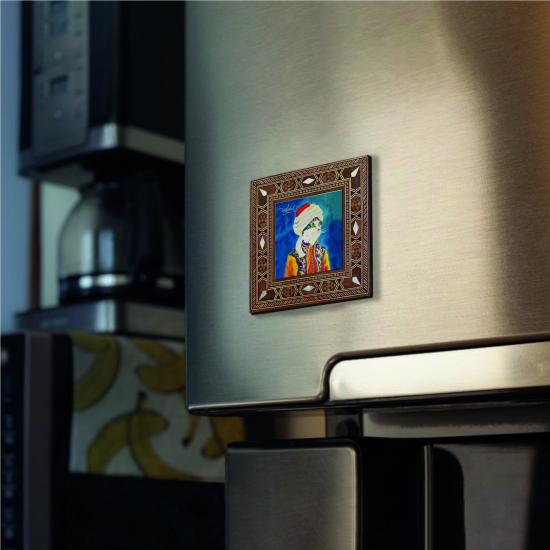 Kavuklu Kedi Printed Mother-of-Pearl Effect Wooden Magnet