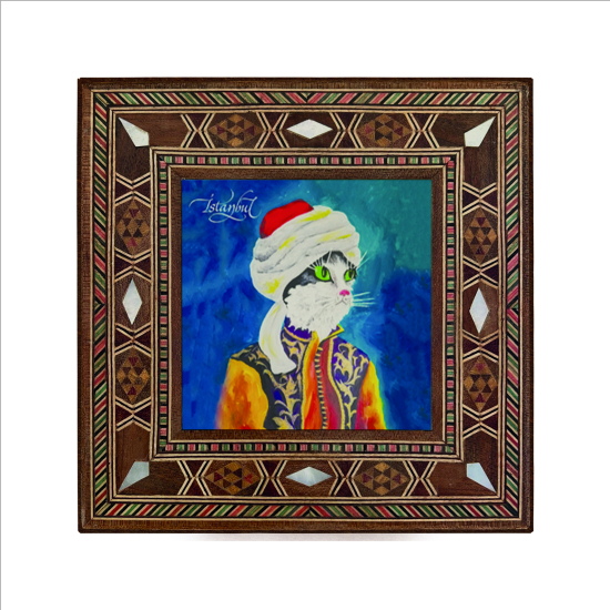 Kavuklu Kedi Printed Mother-of-Pearl Effect Wooden Magnet