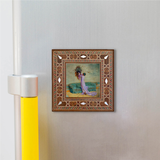 Osman Hamdi Bey – Girl Arranging a Vase Painting Printed Mother-of-Pearl Effect Wooden Magnet