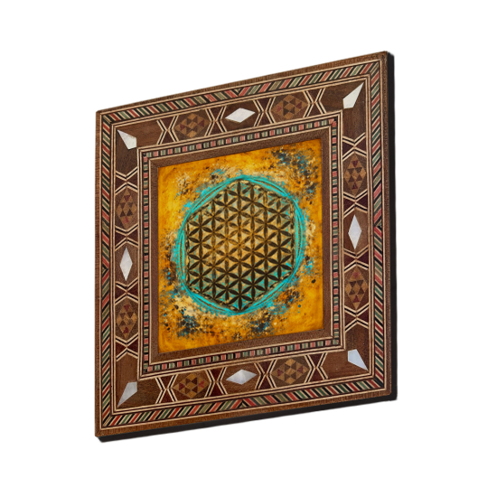 Yaşam Çiçeği Sembolü Printed Mother-of-Pearl Effect Wooden Magnet