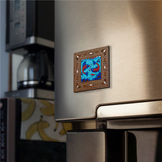 Balıklı Çini Motifi Printed Mother-of-Pearl Effect Wooden Magnet
