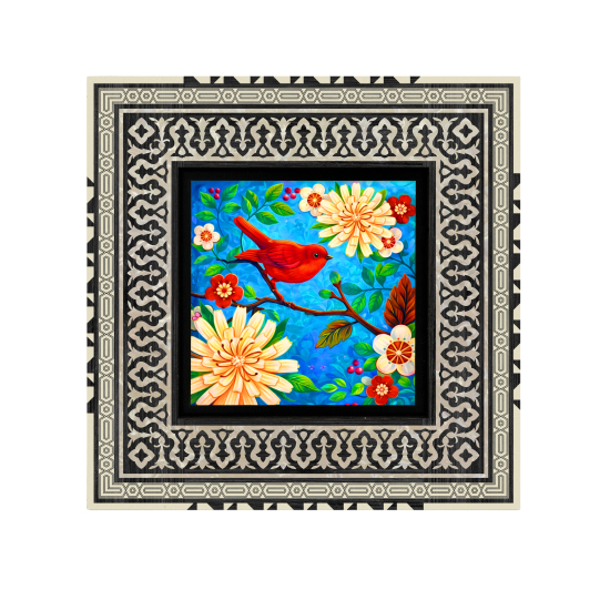 Kırmızı Kuş ve Çiçekler Baskılı Ahşap Tablo