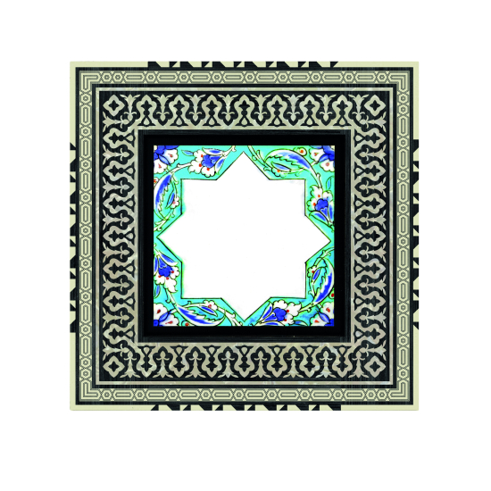 İsim Yazılabilir, Ortası Boş Turkuaz Çini Deseni Ahşap Tablo