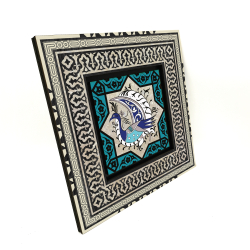 Tavus Kuşu Figürlü, Anadolu Selçuklu Turkuaz  Yıldız Motifi Baskılı Ahşap Tablo