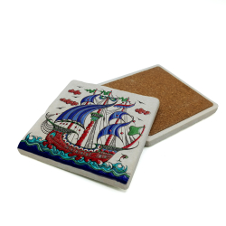 Kalyon Çini Deseni Baskılı Doğal Taş Bardak Altlığı