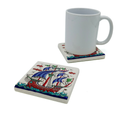 Kalyon Çini Deseni Baskılı Doğal Taş Bardak Altlığı