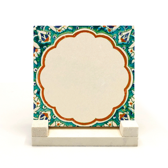 İsim Yazılabilir, Ortası Boş Turkuaz Çini Deseni Natural Stone Tabletop