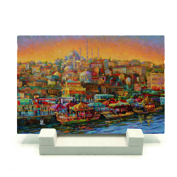 İstanbulda Akşam-Eminönü Balıkçıları Tablosu Baskılı Doğal Taş Masaüstlük