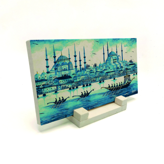 İstanbul Silüeti Sulu Boya Printed Natural Stone Tabletop