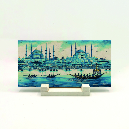 İstanbul Silüeti Sulu Boya Printed Natural Stone Tabletop