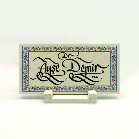 İsim Yazılabilir Çiçekli Çini Motifi Kenar Deseni Printed Natural Stone Tabletop