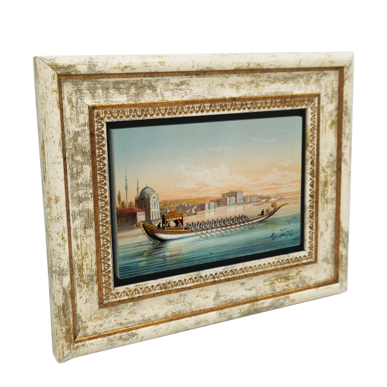 19. yy Osmanlı Saltanat Kayığı Tablosu Printed Natural Stone with Frame