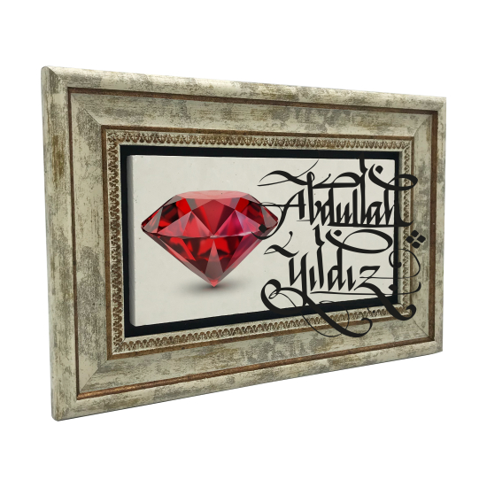 İsim Yazılabilir, Yakut Kırmızı Mücevher Taşı Printed Natural Stone with Frame