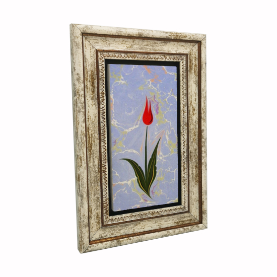 Pembe Çiçekli Ebru Baskılı Doğal Taş Tablo