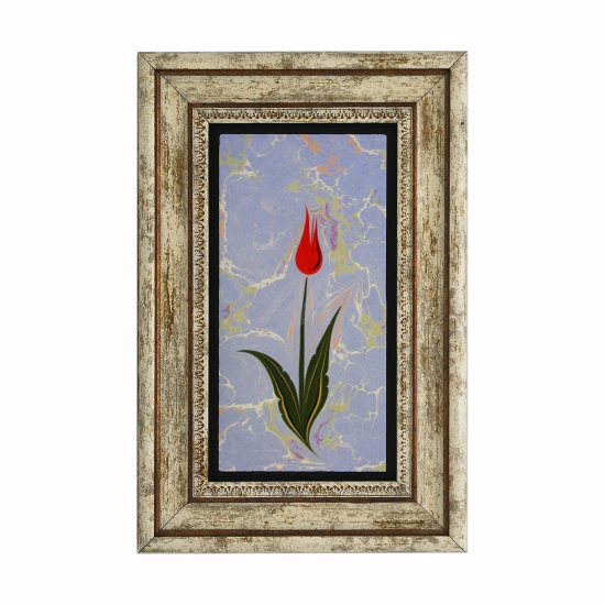 Pembe Çiçekli Ebru Baskılı Doğal Taş Tablo