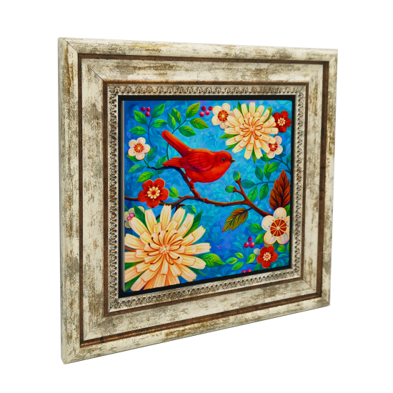 Kırmızı Kuş ve Çiçekler Printed Natural Stone with Frame
