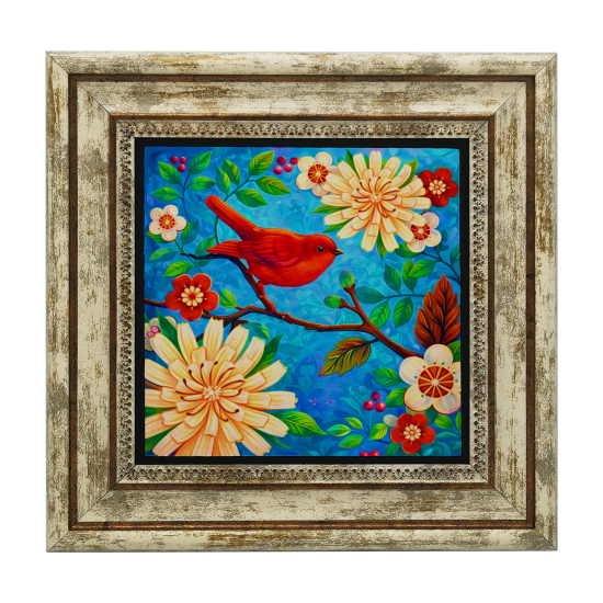 Kırmızı Kuş ve Çiçekler Printed Natural Stone with Frame
