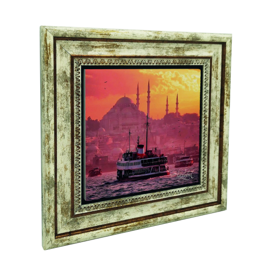 Süleymaniye Camii ve Vapur Fotoğrafı Printed Natural Stone with Frame