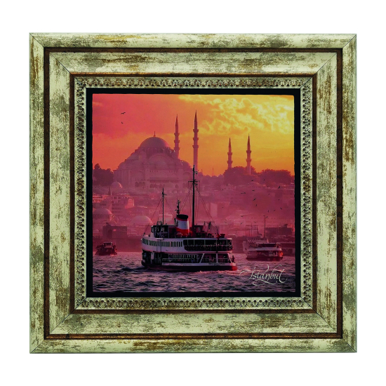 Süleymaniye Camii ve Vapur Fotoğrafı Printed Natural Stone with Frame