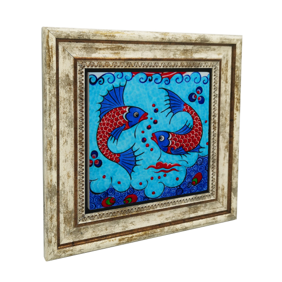 Balıklı Çini Motifi Printed Natural Stone with Frame