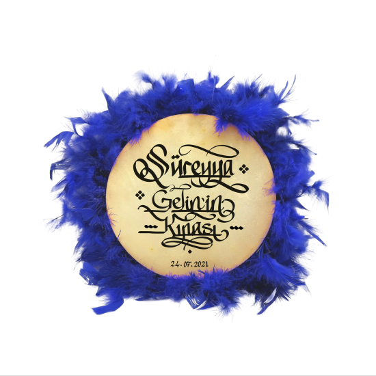 İsim Yazılabilir, Tef 22cm Leather Small HennaTambourine with Jingles and Feathers