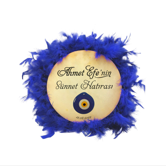 İsim Yazılabilir, Tef 22cm Leather Small HennaTambourine with Jingles and Feathers