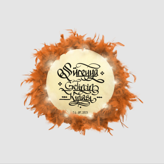 İsim Yazılabilir, Tef 27cm Leather Middle-Size Henna Tambourine with Jingles and Feathers