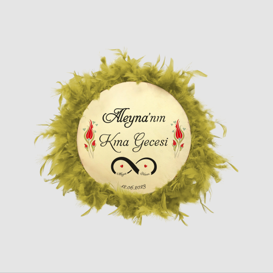 İsim Yazılabilir, Tef 27cm Leather Middle-Size Henna Tambourine with Jingles and Feathers