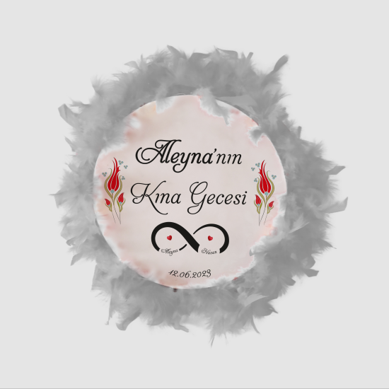 İsim Yazılabilir, Tef 32cm Tüylü Deri Zilli Büyük Kına Tefi - Beyaz
